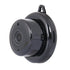 Black circular security camera with glossy finish and mounting hook on top.