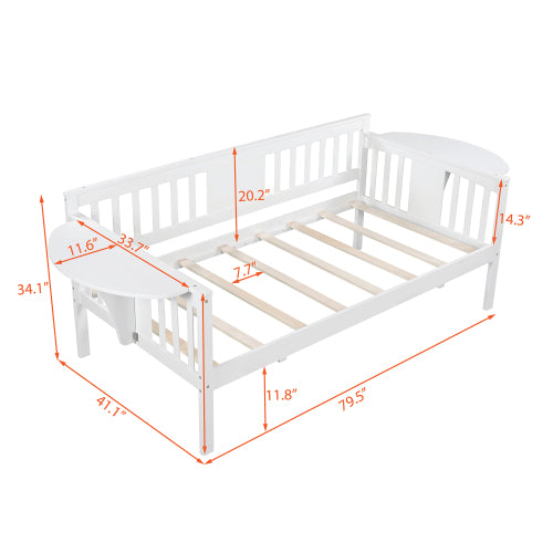 White daybed with slatted back, rounded side tables, and measurements in red text.
