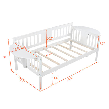 White daybed with slatted back, rounded side tables, and measurements in red text.