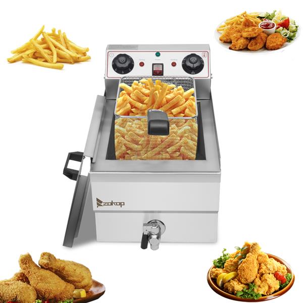 A stainless steel fryer with a basket of fries, surrounded by fried chicken and nuggets.