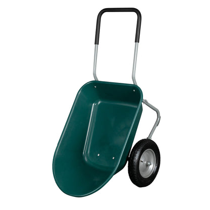 Green wheelbarrow with black handle grips and two wheels, viewed from the right side.