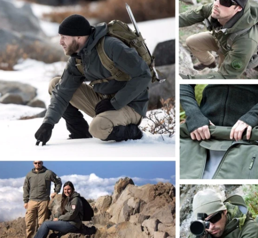 Collage of hikers in outdoor gear on rocky terrain, with snow, backpacks, jackets, and binoculars.