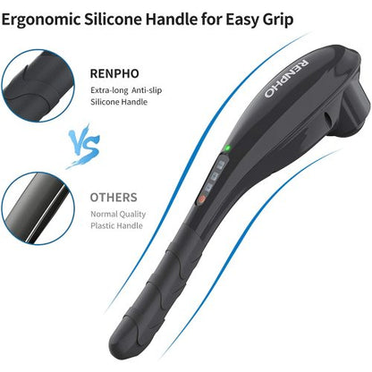 Ergonomic black massager with silicone grip, contrasting with a plain, smooth plastic handle.