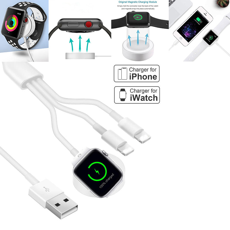 Multi-functional charging cables for iPhone and iWatch, showing docking and charging indicators.