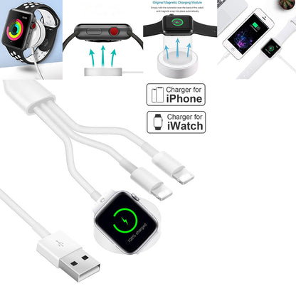 Multi-functional charging cables for iPhone and iWatch, showing docking and charging indicators.