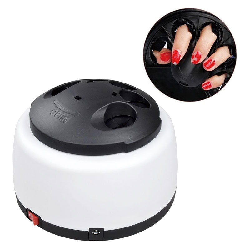 Black and white nail dryer with red switch; inset shows fingers with red polish inside.