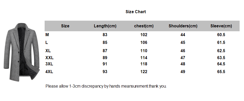Gray coat next to clothing size chart with measurements for M to 4XL sizes in centimeters.