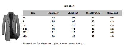 Gray coat next to clothing size chart with measurements for M to 4XL sizes in centimeters.