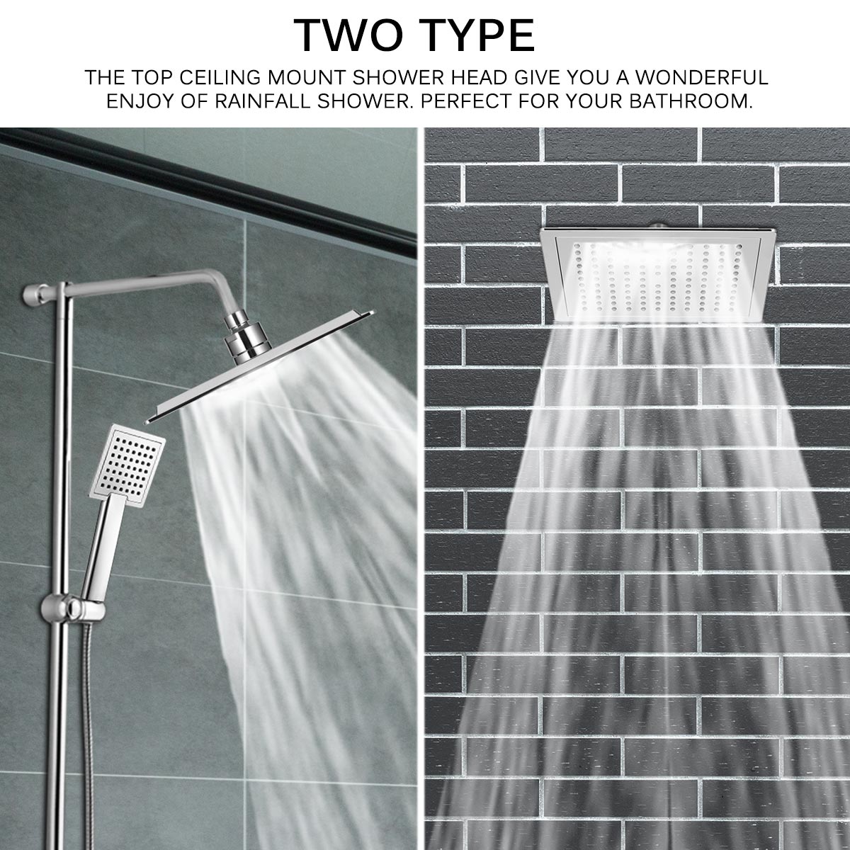 Dual shower heads: wall-mounted left, ceiling-mounted right, both spraying water in modern settings.