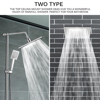 Dual shower heads: wall-mounted left, ceiling-mounted right, both spraying water in modern settings.