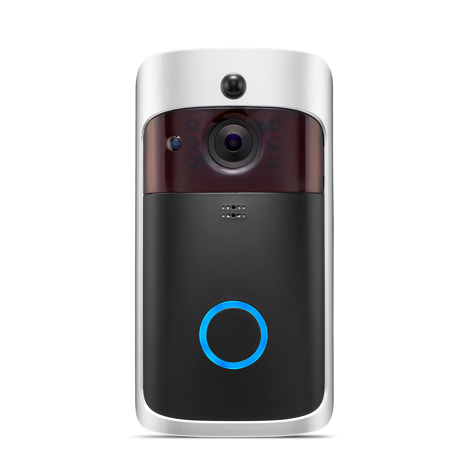 Silver and black doorbell camera with a blue-lit ring and lens at the top center.