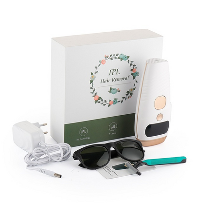 IPL hair removal kit with a device, charger, sunglasses, razor, and decorated box.
