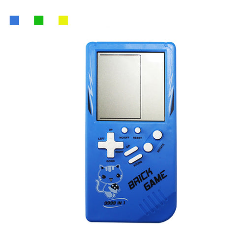 Blue handheld game device with a gray screen, buttons, and a cat graphic.