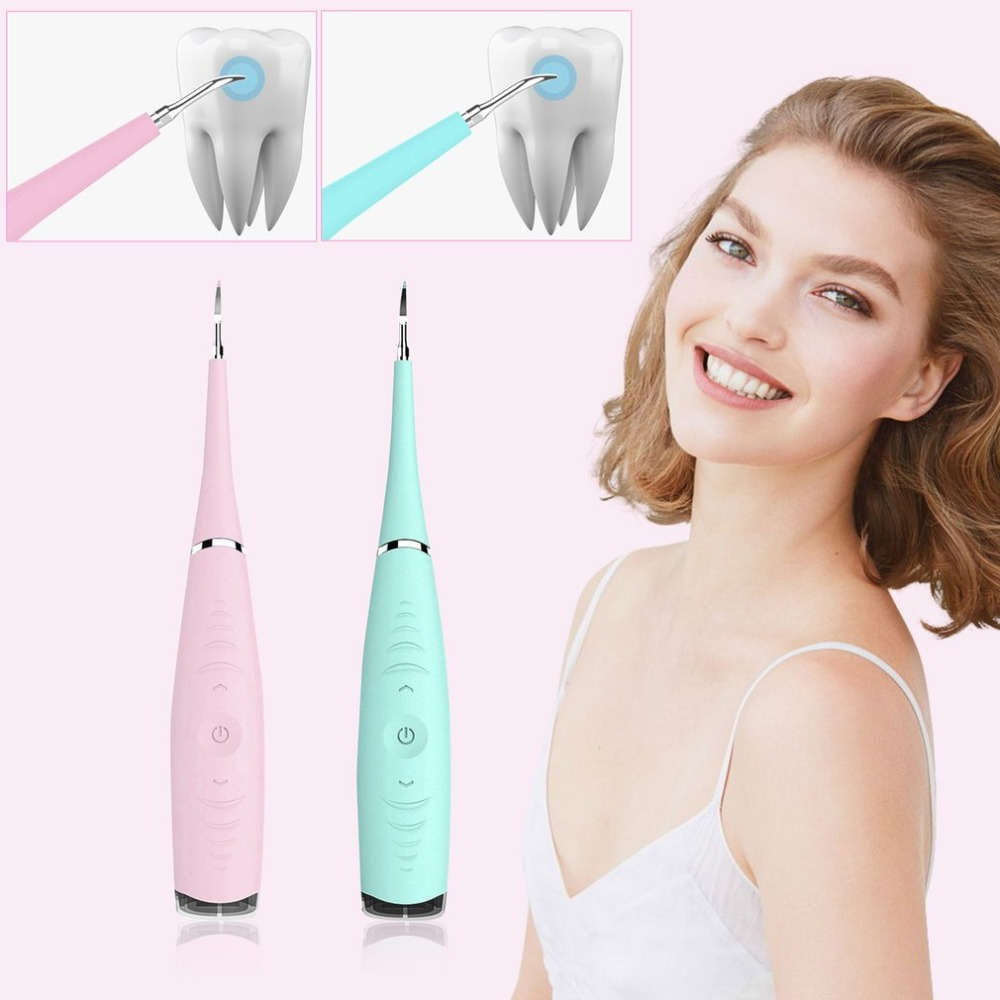 Pink and blue dental cleaning tools, tooth diagrams, and a smiling woman on a light pink background.