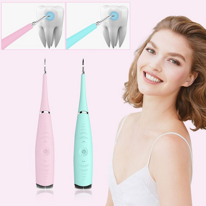 Pink and blue dental cleaning tools, tooth diagrams, and a smiling woman on a light pink background.