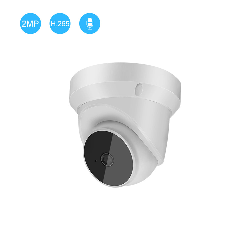 White dome security camera with black lens. Blue icons: 2MP, H.265, microphone.
