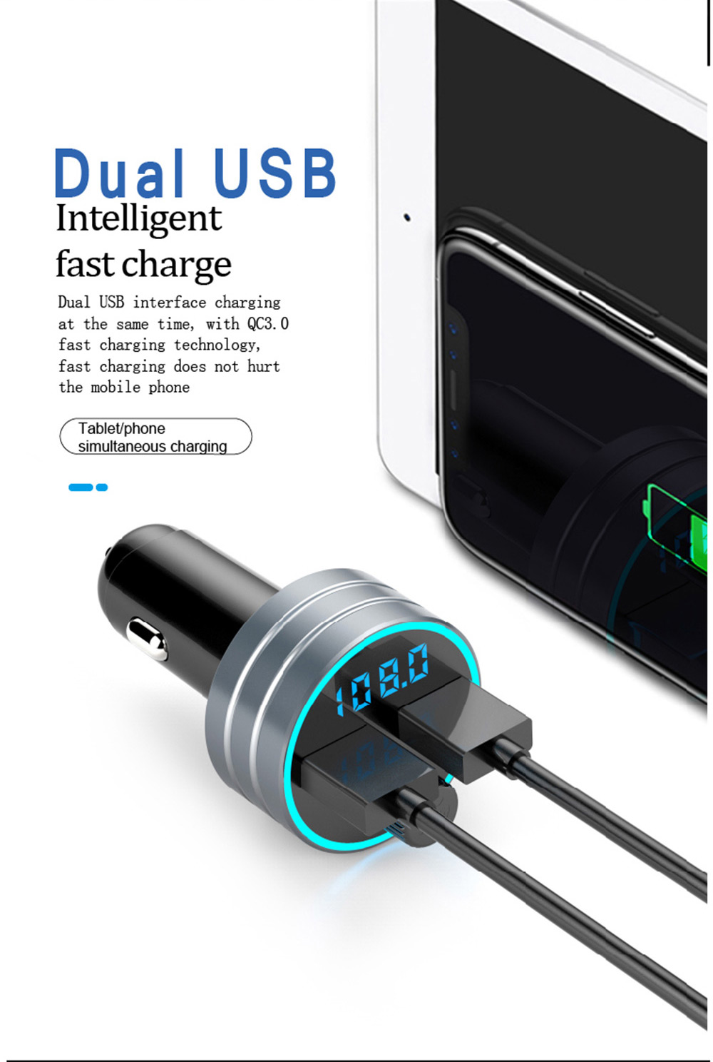 Dual USB charger with digital display, black and silver color, connected to a phone and tablet.