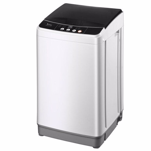 White top-loading washing machine with a black lid and control buttons on the front panel.