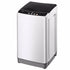 White top-loading washing machine with a black lid and control buttons on the front panel.