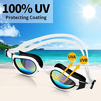 White swim goggles with reflective blue lenses on a sunny beach background, highlighting UV protection.