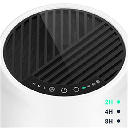 White circular air purifier with black vented top, control buttons, and timer indicators (2H, 4H, 8H).