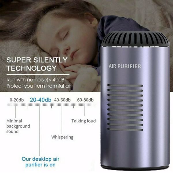 Sleeping child beside gray cylindrical air purifier with vents; text promotes silent operation.