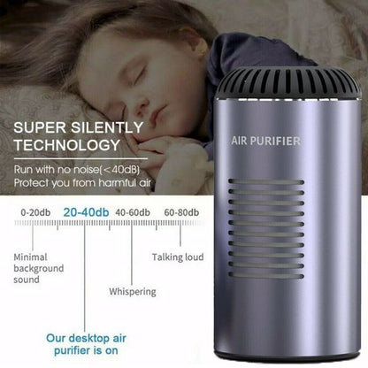 Sleeping child beside gray cylindrical air purifier with vents; text promotes silent operation.
