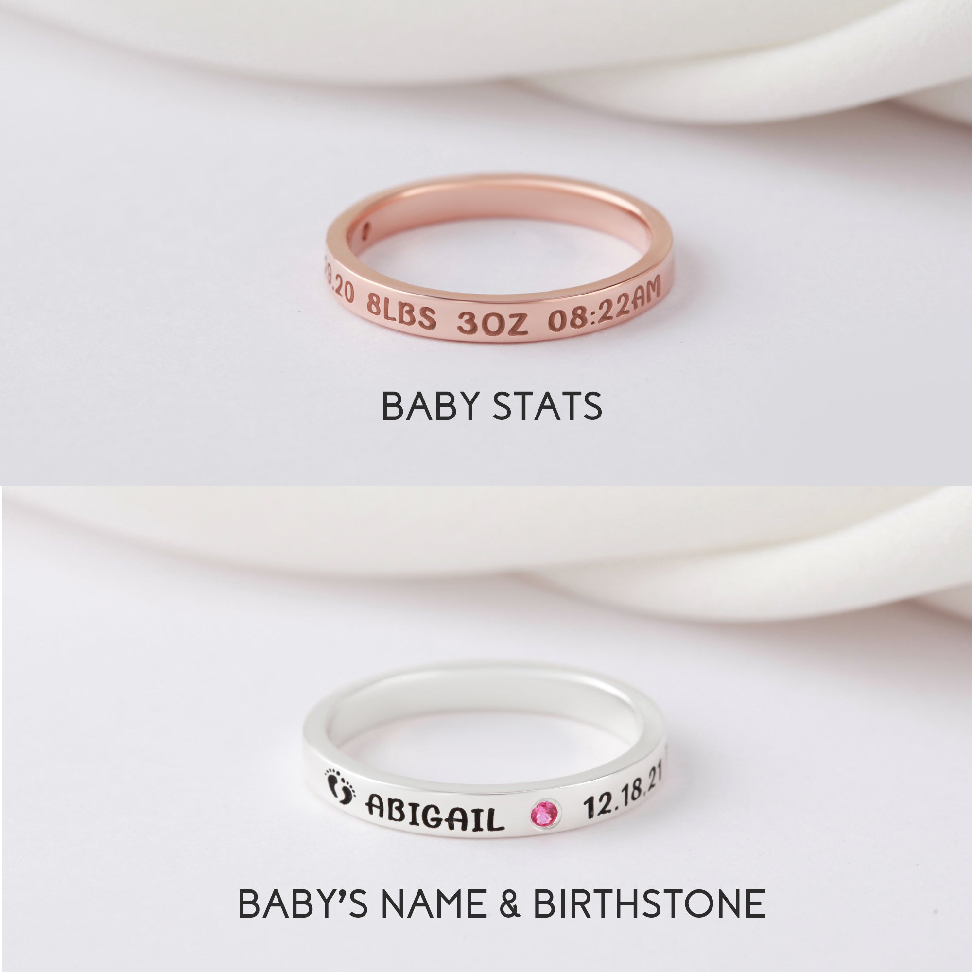 Rose gold ring with stats engraving, silver ring with name, pink gem, and footprints design.