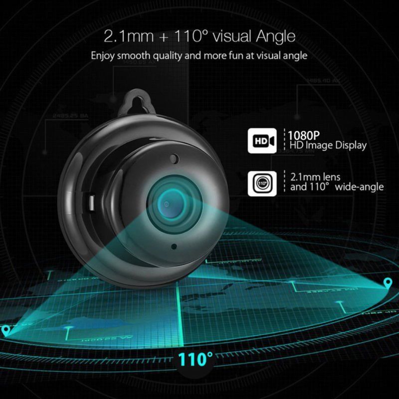 Black camera with a blue lens, 2.1mm, 110° angle, HD 1080P display; dark tech background.