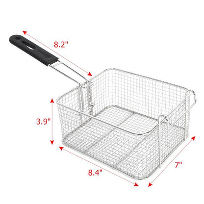 Metal wire basket with black handle, dimensions marked: 8.2", 3.9", 8.4", and 7".