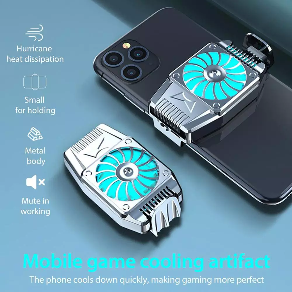 Metal phone cooler with blue LED fan attached to smartphone; compact design for gaming.