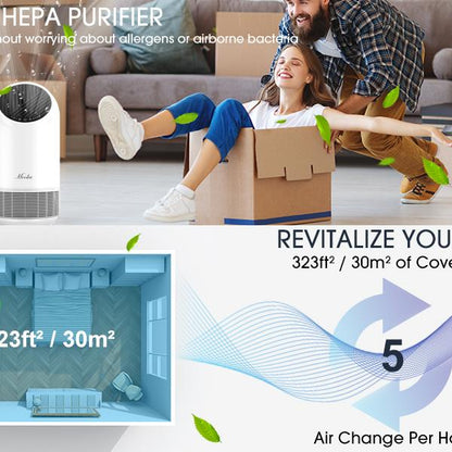 Air purifier ad; child in box, leaves, room layout, 323ft²/30m² coverage, 5 air changes/hour.