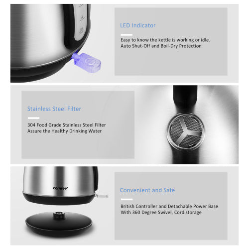 Electric kettle details with LED indicator, stainless steel filter, and swivel power base.