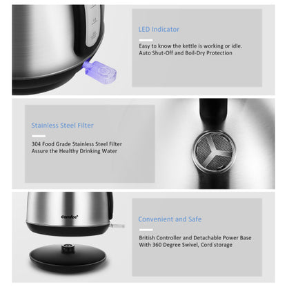 Electric kettle details with LED indicator, stainless steel filter, and swivel power base.