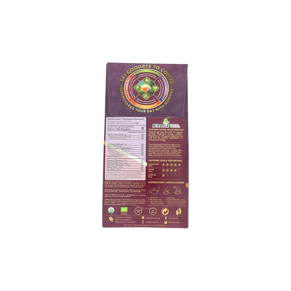 Dark purple coffee packaging with nutrition facts and green circular logo on the back.