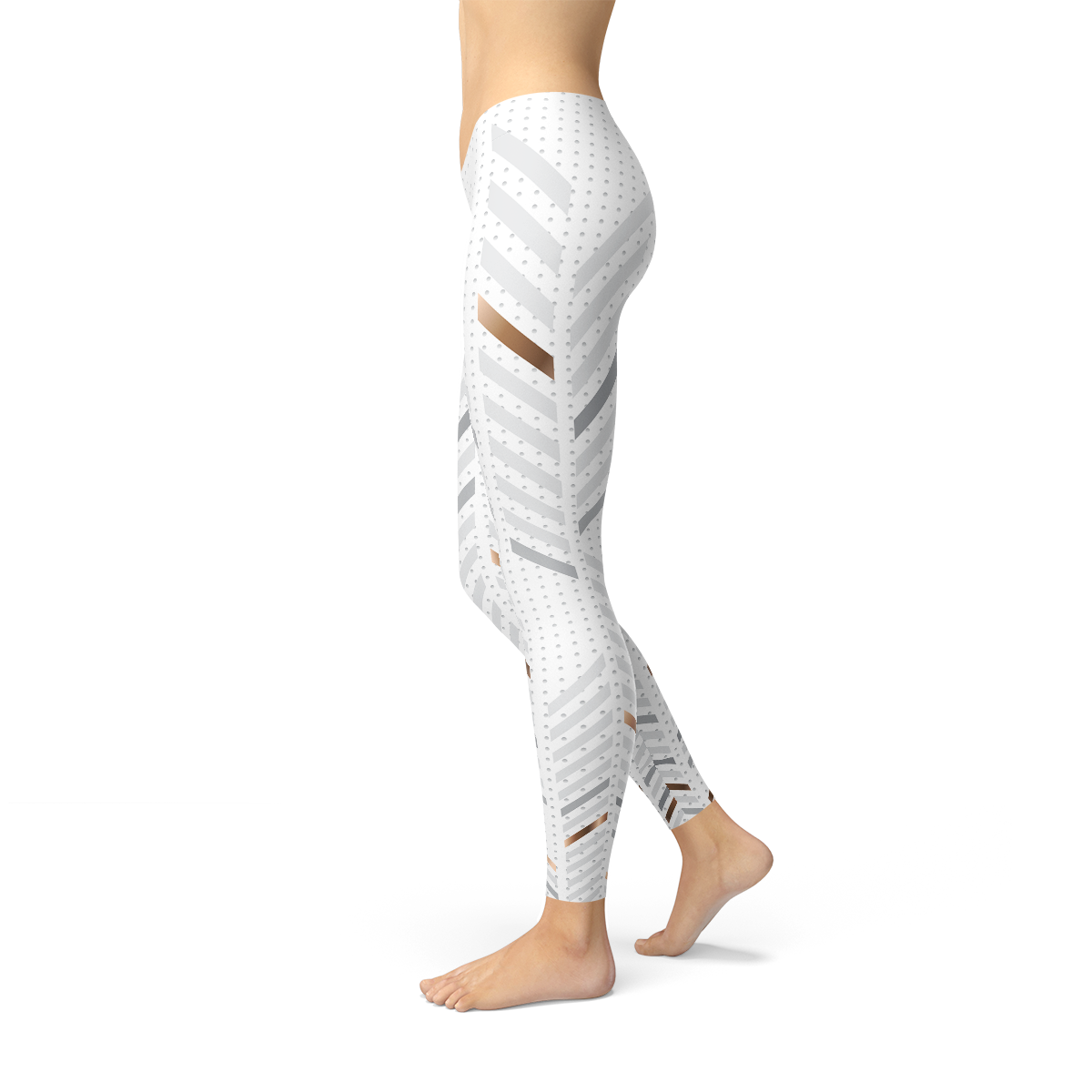 Person wearing white leggings with gray diagonal stripes and dots, standing with bare feet.