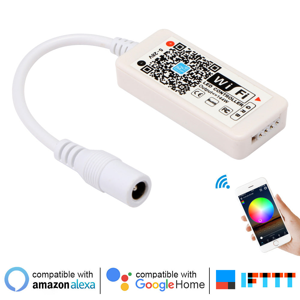 White WiFi LED controller with QR code, cable, smartphone, and smart home compatibility logos.