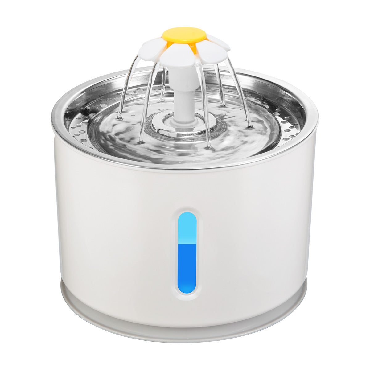 White pet water fountain with a flower top and blue water level indicator.