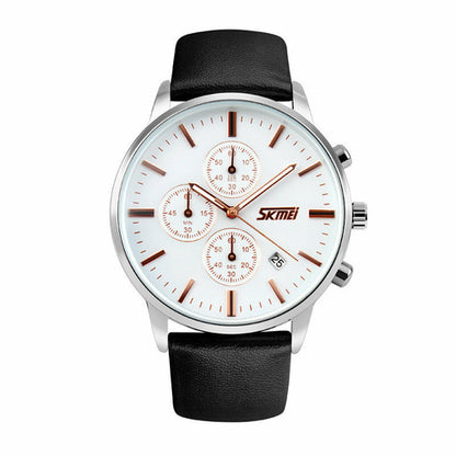 Silver watch with white face, rose gold markers, three subdials, and black leather strap.