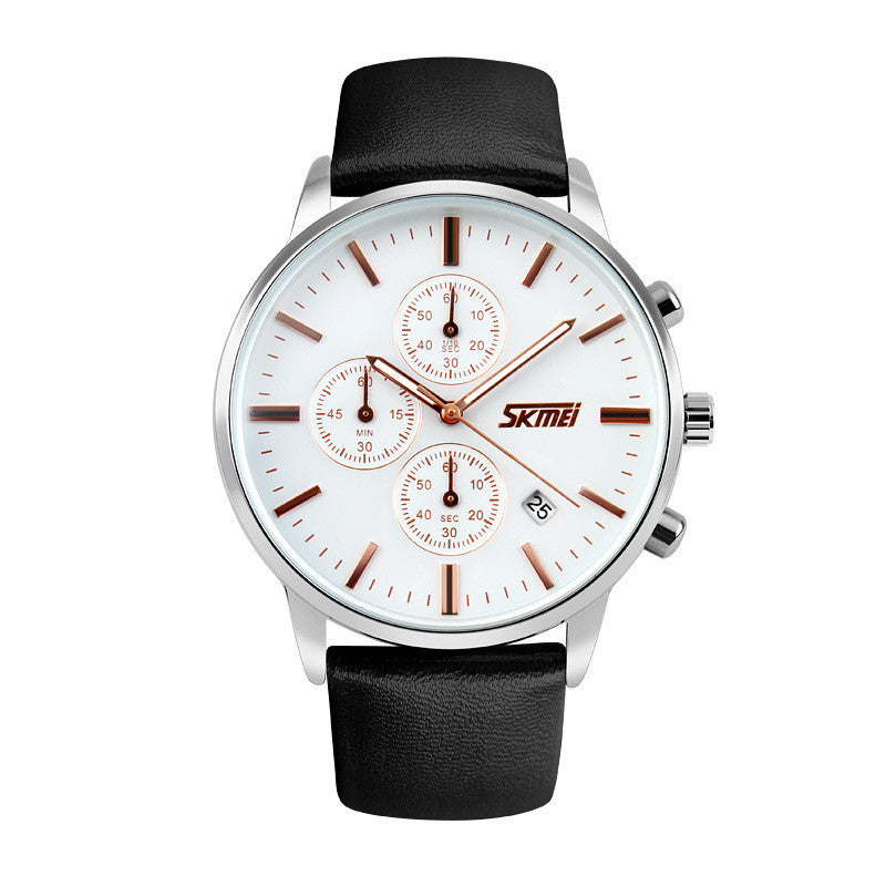 Silver watch with white face, brown markers, three subdials, black leather strap, date display.