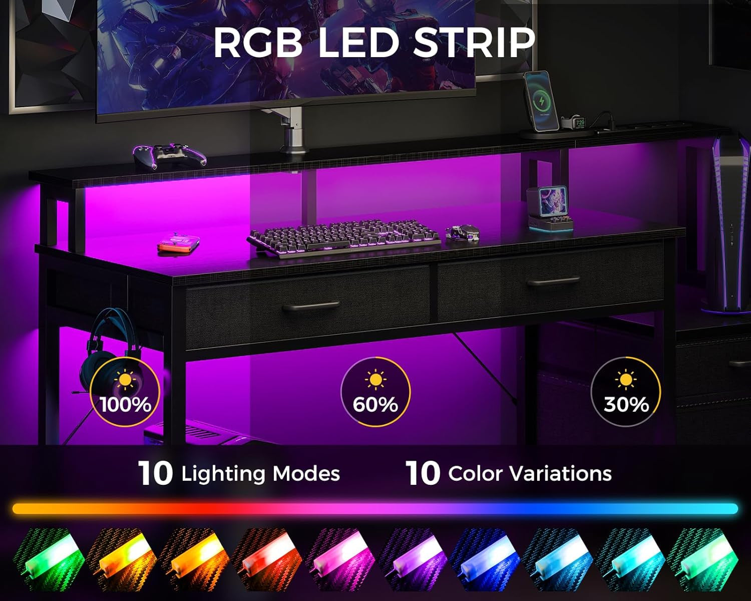 48-Inch Black Gaming Desk With LED Lights And Power Outlets-3