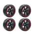 Four black wheels with red rims, featuring five spokes each, arranged in a grid pattern.