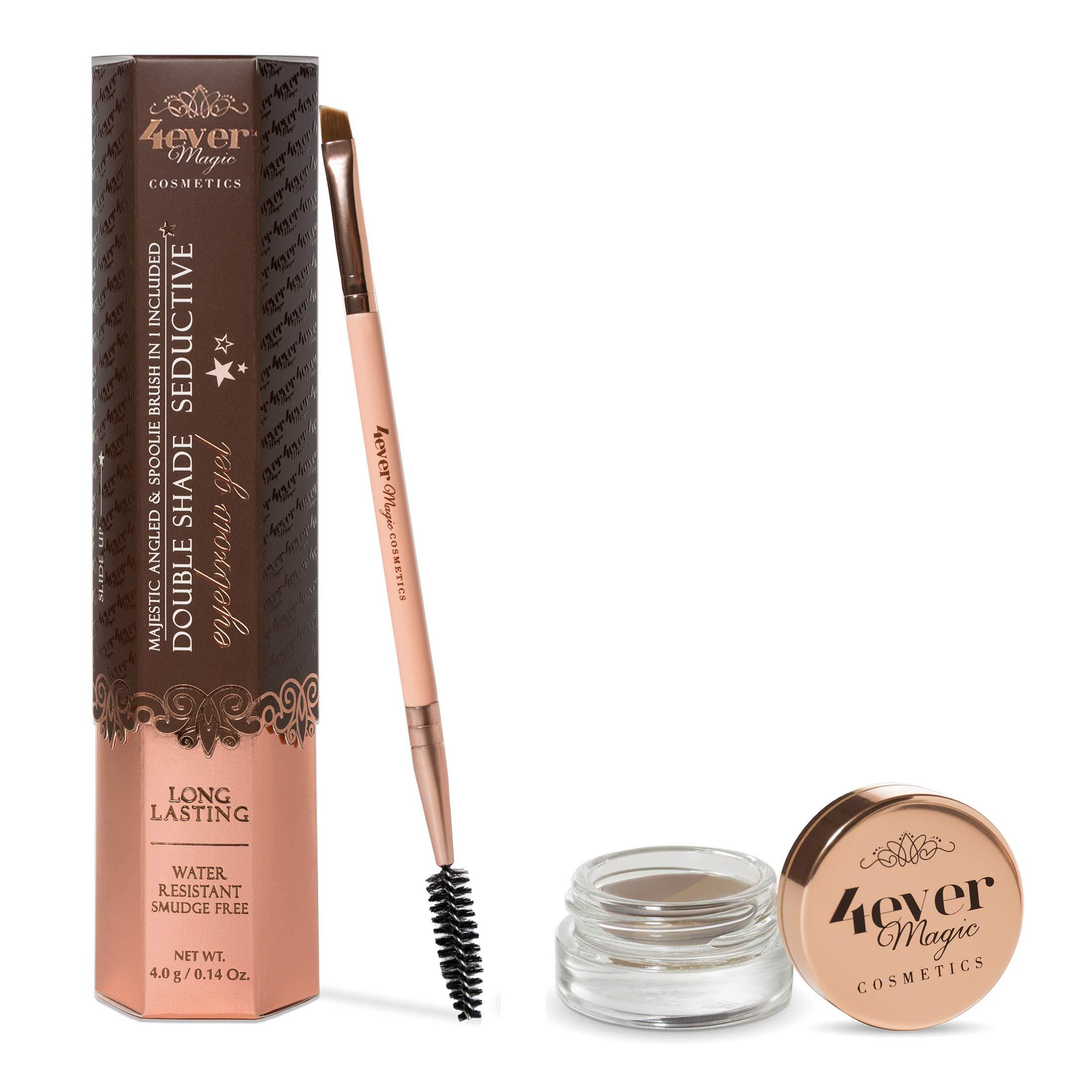 Brown and rose gold eyebrow kit with brush, spoolie, and gel pot. Elegant packaging and text.