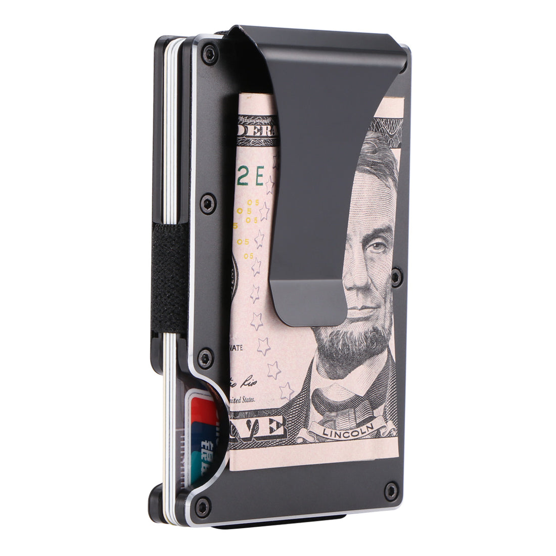 Slim metal wallet clip holding cash and cards, featuring a sleek black design.