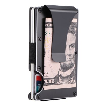 Slim metal wallet clip holding cash and cards, featuring a sleek black design.