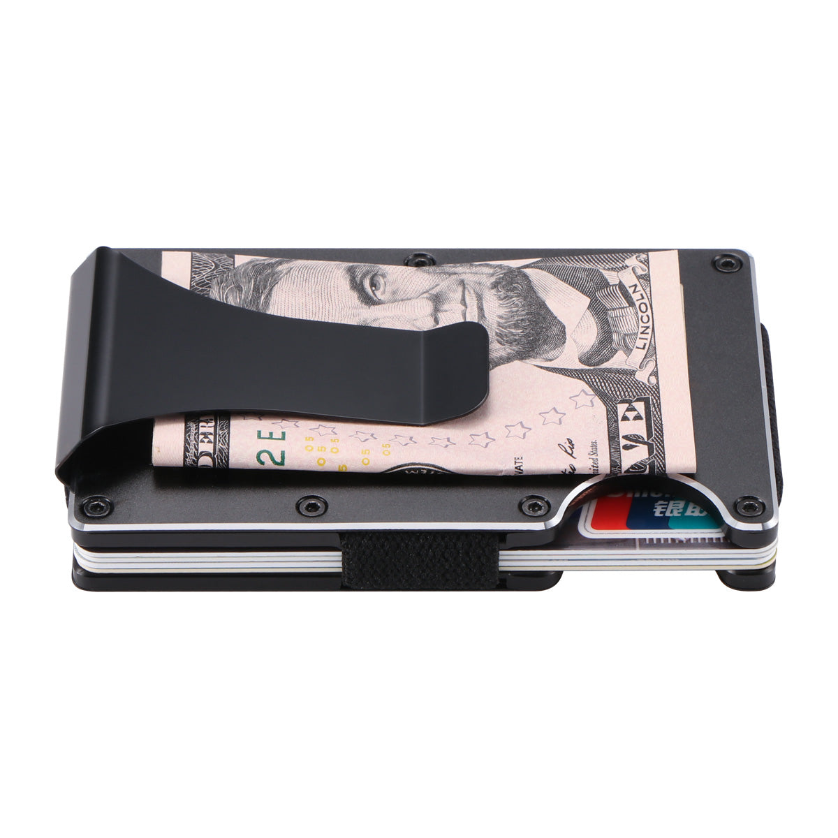Black minimalist wallet with a money clip holding a US bill and cards, featuring metallic screws.