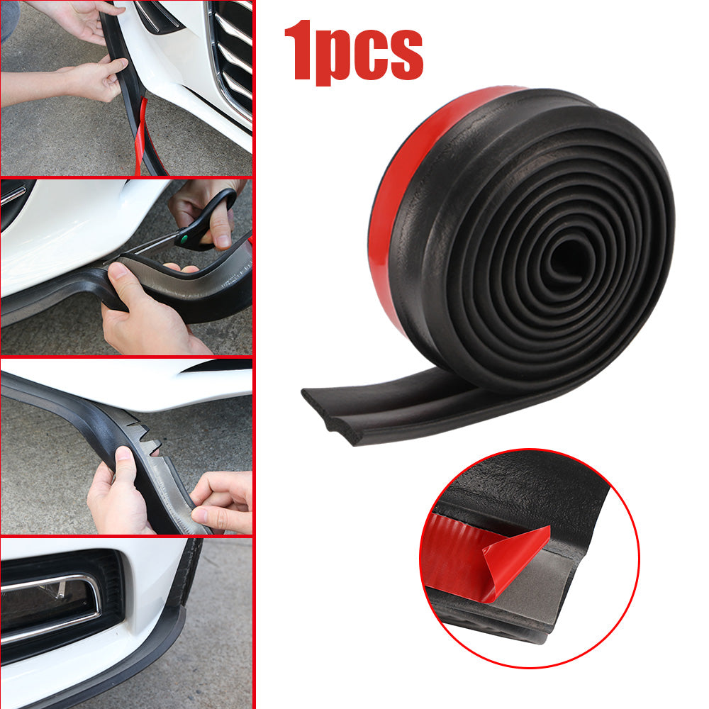 Black car lip spoiler installation with red adhesive shown in steps; includes a rolled strip.