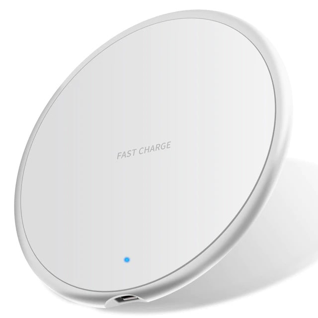 White circular wireless charger with "FAST CHARGE" text and a blue indicator light.
