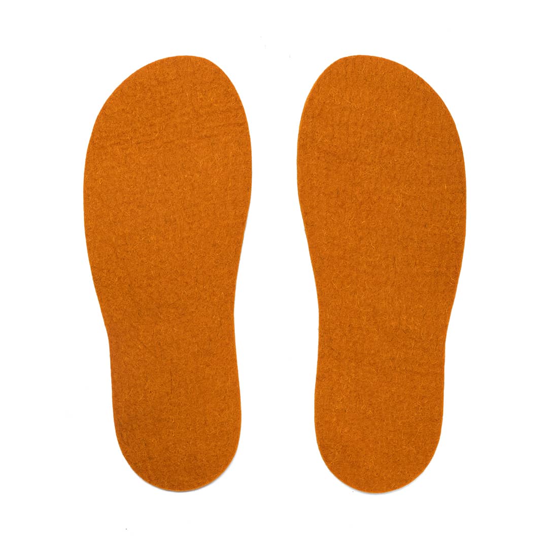 Two orange felt insoles, side by side, isolated on a white background.