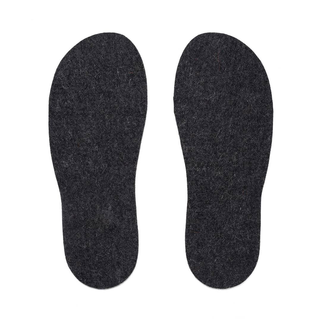 Pair of dark gray felt insoles on a white background.